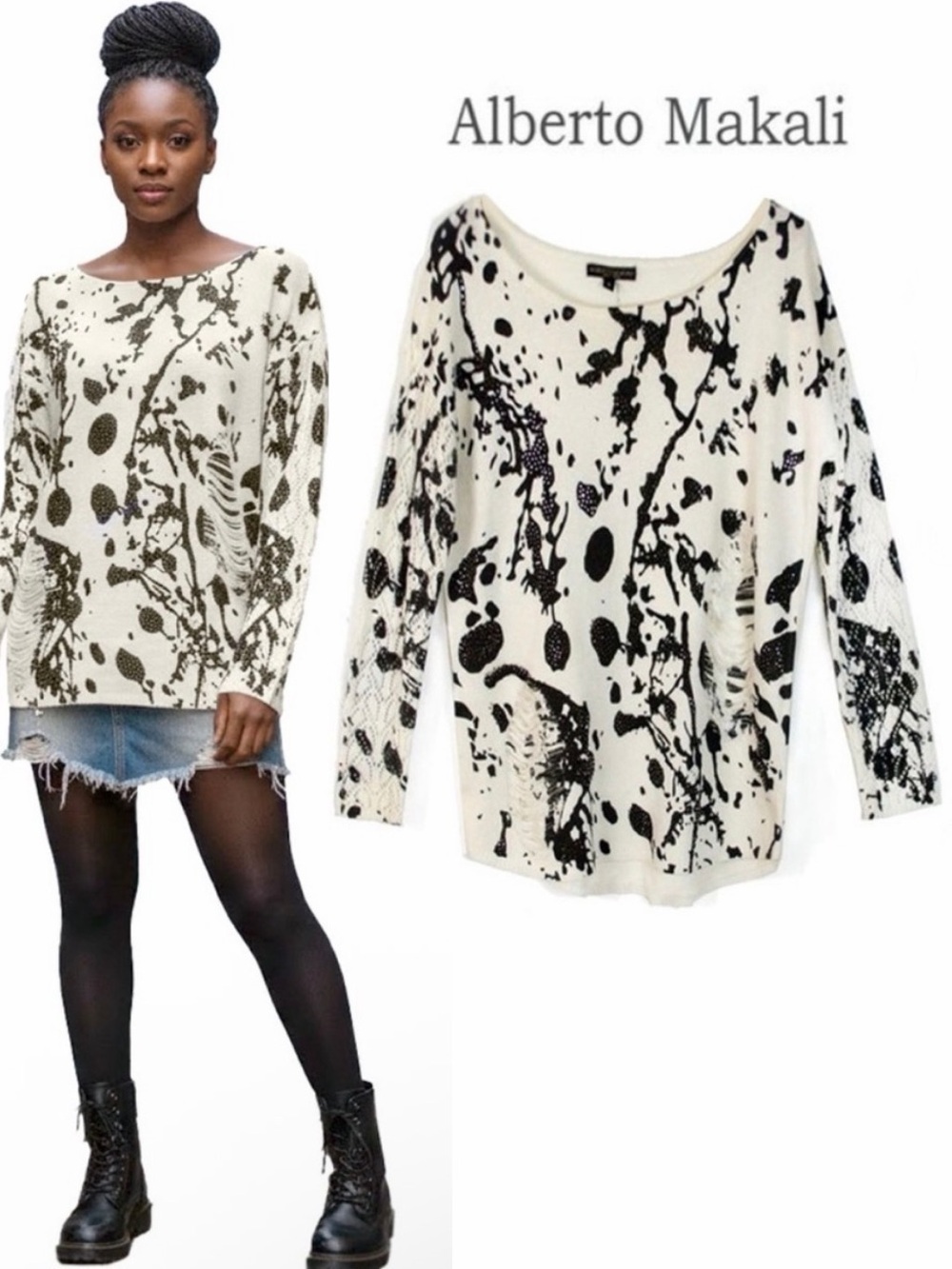ALBERTO MAKALI White Distressed Embellish Sweater